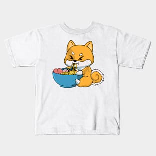 Anime Kawaii Ramen Eating Fox Japanese Noodles Kids T-Shirt